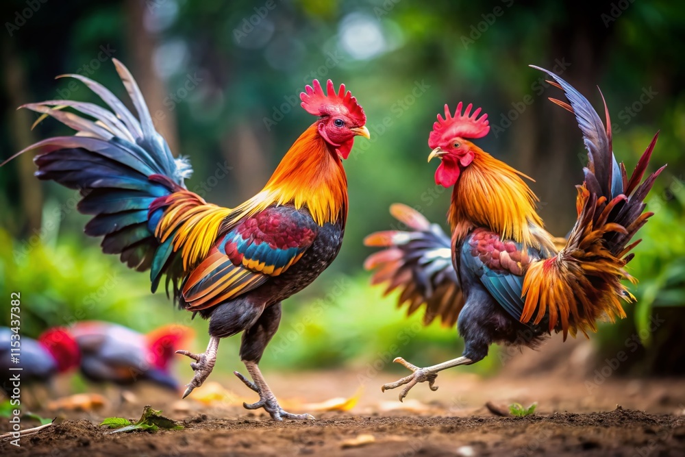 Dramatic Rooster Showdown: Intense Cockfight Action Shot Stock Dramatic Rooster Showdown: Intense Cockfight Action Shot Stock