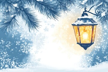 Poster - Glowing street lantern amidst snowflakes and winter trees creating a serene atmosphere in a snowy setting. Generative AI