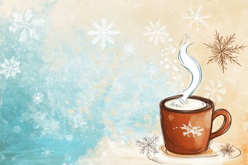 Fototapete - Winter themed doodle of a steaming mug of hot chocolate surrounded by snowflakes in a cozy atmosphere. Generative AI