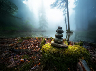 Poster - Serene stones balanced on moss near a misty forest lake. Sunlight pierces the fog, creating a mystical atmosphere.  Tranquility and nature's peace are palpable.