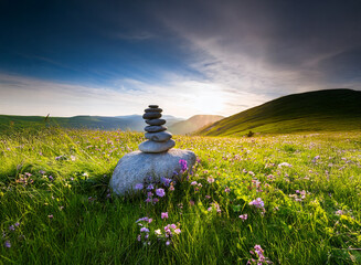 Poster - Serene sunset over a mountain meadow. A carefully balanced stack of stones sits amidst wildflowers, creating a peaceful scene.  The sun casts a warm glow.