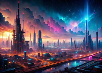 Poster - Dystopian Cityscape: Futuristic Neon Lights Long Exposure Digital Matte Painting