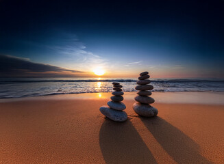Poster - Two serene stone stacks stand on a tranquil beach at sunset, their shadows stretching across the golden sand as the sun dips below the horizon.  The ocean gently laps the shore.