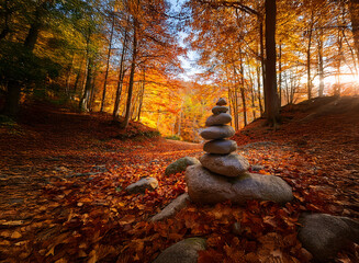 Poster - Serene autumn forest path with a carefully balanced stone cairn.  Sunlight filters through vibrant fall foliage. Peaceful, meditative scene.