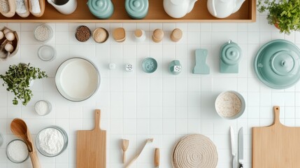 Poster - A tidy baking station with measuring cups and ingredients neatly laid out, A bright, modern kitchen with a clean countertop and organized shelves