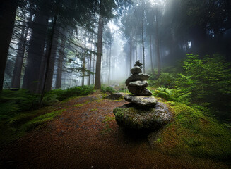 Aufkleber - A mystical forest path, shrouded in mist, leads to a carefully balanced stone cairn.  Sunlight filters through the dense canopy, illuminating the mossy ground.  Tranquility and mystery abound.