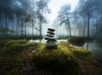 Poster - Serene misty forest scene.  A balanced stone cairn sits on moss-covered rocks beside a tranquil pond, enveloped by fog and tall pines.  The scene evokes peace and tranquility.