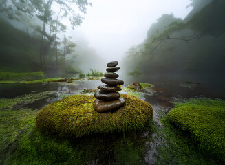 Poster - Serene scene: A balanced stack of stones rests on moss-covered rocks in a misty, tranquil forest by a calm stream.  The atmosphere is peaceful and meditative.