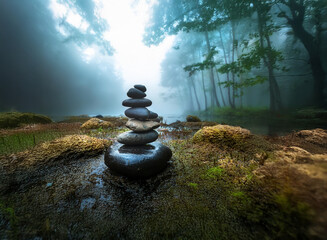 Aufkleber - Serene stones balanced precariously amidst a misty forest scene.  The tranquil water reflects the soft light filtering through the trees.  A sense of peace and harmony pervades the image.