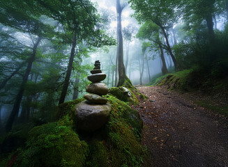 Aufkleber - A mystical forest path winds through misty woods, a carefully balanced stone cairn marking the way.  The scene evokes serenity and a sense of hidden magic.