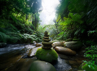 Aufkleber - Serene rainforest scene; a carefully balanced stone cairn rests on moss-covered rocks beside a tranquil stream. Sunlight filters through the lush canopy.
