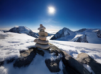 Poster - A serene, snow-covered mountain peak basks under a bright sun. A carefully balanced rock cairn stands as a peaceful monument amidst the winter landscape.  The vastness of the mountains and the brillia