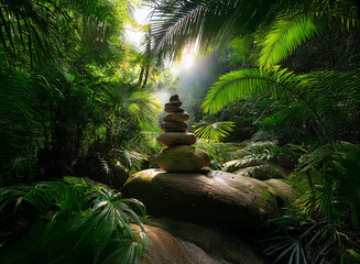 Poster - Sunlit jungle scene, serene stone cairn balanced on mossy boulder. Lush foliage, peaceful atmosphere.  Spiritual, tranquil, natural.