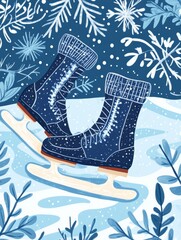 Poster - Winter themed doodle of skates surrounded by snowflakes and frosty plants in a serene atmosphere. Generative AI