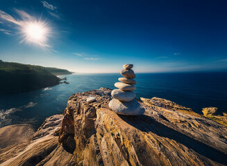 Aufkleber - Serene coastal scene.  A balanced stack of white stones rests on a cliff overlooking a tranquil ocean under a bright sun.  Peaceful, meditative atmosphere.