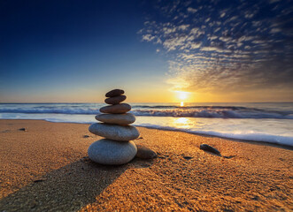 Poster - Serene sunrise over a calm ocean beach, with a carefully balanced stack of stones casting a shadow on the sand.  A peaceful and tranquil scene.