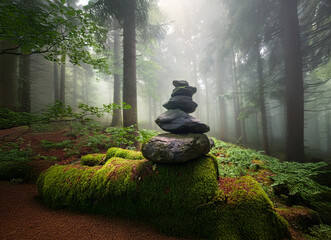 Aufkleber - A misty forest scene, sunlight filtering through the trees, illuminates a carefully balanced stack of dark stones resting on a moss-covered rock.  Serene and peaceful atmosphere.