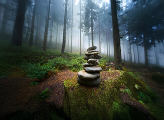 Poster - A mystical stone cairn rests on moss-covered rock in a misty, sun-dappled forest.  Serene and balanced, it evokes a sense of peace and contemplation within nature's embrace.