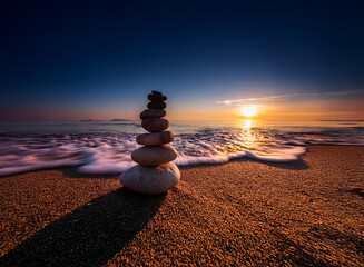 Poster - Serene sunset over ocean waves gently lapping a sandy beach.  A balanced rock cairn stands on the shore, casting a shadow.  Peaceful, tranquil scene.