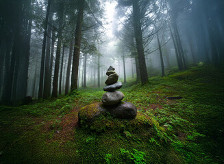 Aufkleber - A mystical stone cairn sits in a misty, moss-covered forest, creating a serene and peaceful atmosphere.  The tall trees and low light add to the magical ambiance.