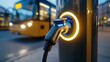 © Moopingz - Close-up of an electric vehicle charging station with a glowing connector, with a blurred bus in the background at night.
