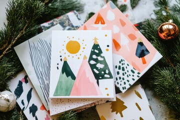 Aufkleber - Creative Christmas cards featuring colorful designs with trees and sun on a textured surface with festive decorations. Generative AI