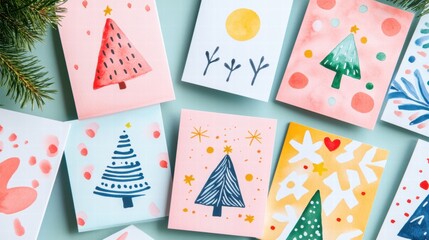 Aufkleber - Brightly designed holiday cards featuring colorful patterns and festive illustrations ready for sending during the Christmas season. Generative AI
