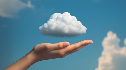 Aufkleber - Businessman hand gently cradles a fluffy white cloud against a vibrant blue sky For symbolizing Technology cloud computing Storage Data.