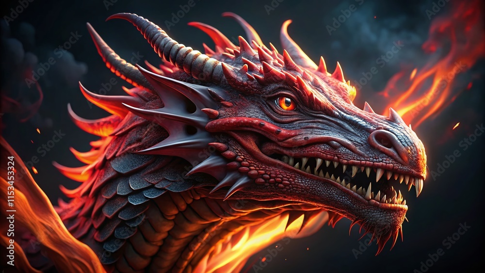 Stock-Illustration „Fiery Red Dragon Head, Mythical Creature, Fantasy ...
