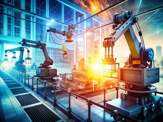 Poster - Flat Design Factory: Automated Manufacturing Process Double Exposure