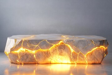 Poster - podium resembling piece of cracked marble with golden veins running through fissures and glowing sof