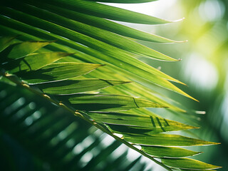 Wall Mural - Lush green coconut leaves against a tropical backdrop