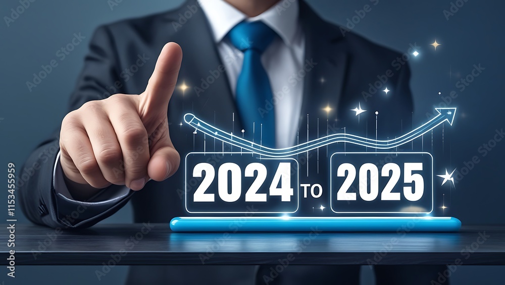 Progress and transition from 2024 to 2025 concept. A person pointing to ...
