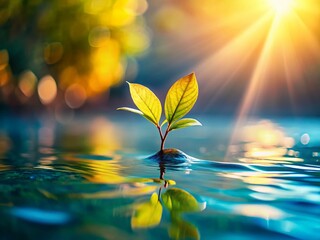 Poster - Fresh Sprig with Leaf Floating on Water Surface - Nature Stock Photo