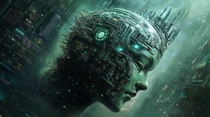 Aufkleber - Cyberpunk illustration of a robotic head with detailed circuitry a futuristic city backdrop For Evokes a sense of wonder Technological advancement Concept.