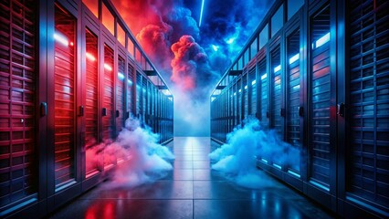Poster - Futuristic Data Center: Blue & Red Servers, Mysterious Cloud Smoke