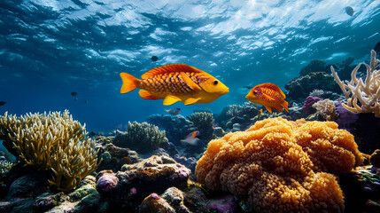 a vibrant duo of fish glide alongside an array of corals on the seafloor of a coral reef. seafloor. 