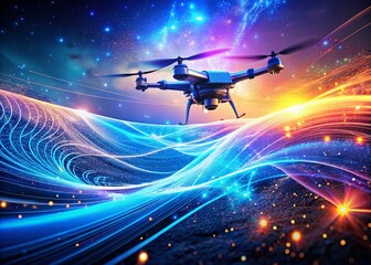 Poster - Futuristic Drone View: Abstract Blue Data Waves & Digital Particles