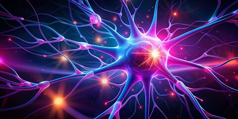 Poster - Futuristic Neuron: Pink & Purple Minimalist Neuroscience Illustration for Tech & Science