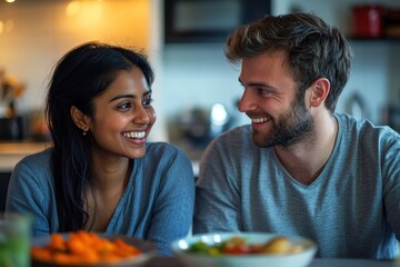 smiling 30-year-old south asian woman and 35-year-old caucasian man sitting together at table comparing traditional