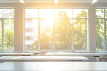 Poster - clean energy-efficient workspace with ergonomic desks and blurred light streaming through large
