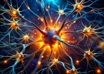 Poster - Glowing Orange Neuron Network - Abstract Neural Science Aerial Photography
