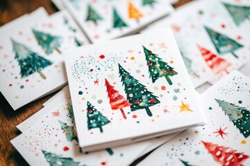 Creative Christmas cards featuring colorful trees and festive designs on a wooden table during the holiday season. Generative AI