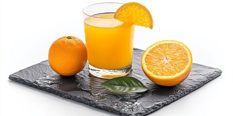 Sticker - A refreshing glass filled with orange juice features an orange slice on the rim, accompanied by a whole orange and a half orange with a leaf, all placed on a wet slate plate against a white backdrop.