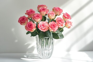 Poster - clean white background with bouquet of pink roses displayed in crystal vase under bright natural light