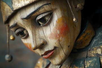 Poster - close-up of beautifully crafted wooden marionette its painted expression frozen in moment of drama