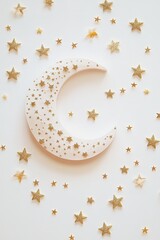 Poster - crescent moon ornament surrounded by scattered golden stars displayed on clean white background