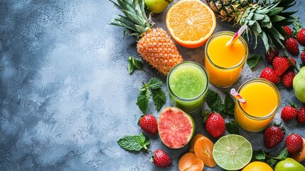 Wall Mural - Healthy fruit juices with fresh fruits on a blue surface