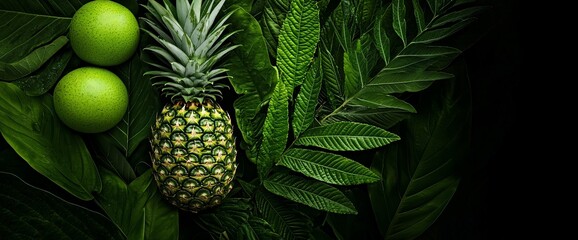 Wall Mural - Pineapple and limes nestled in lush green tropical foliage.