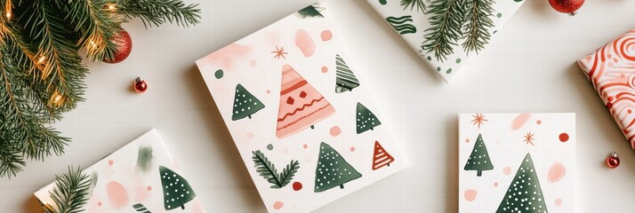 Aufkleber - Creative Christmas cards with festive designs on a light background surrounded by holiday decorations. Generative AI